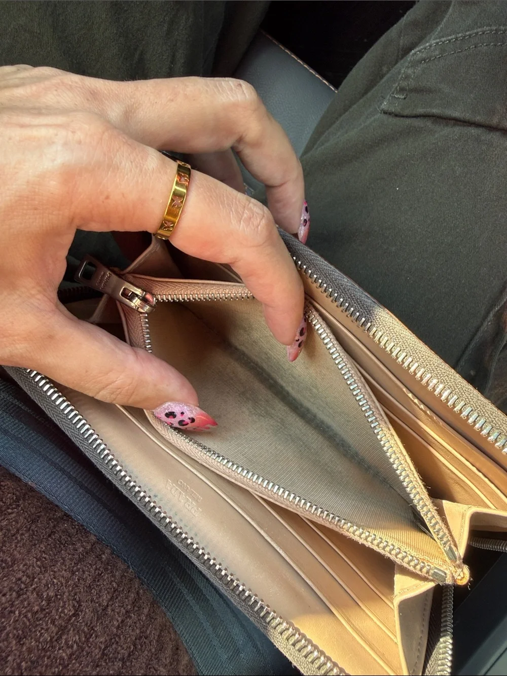 Prada Brown Leather Studded Zip Around Wallet with Silver Hardware